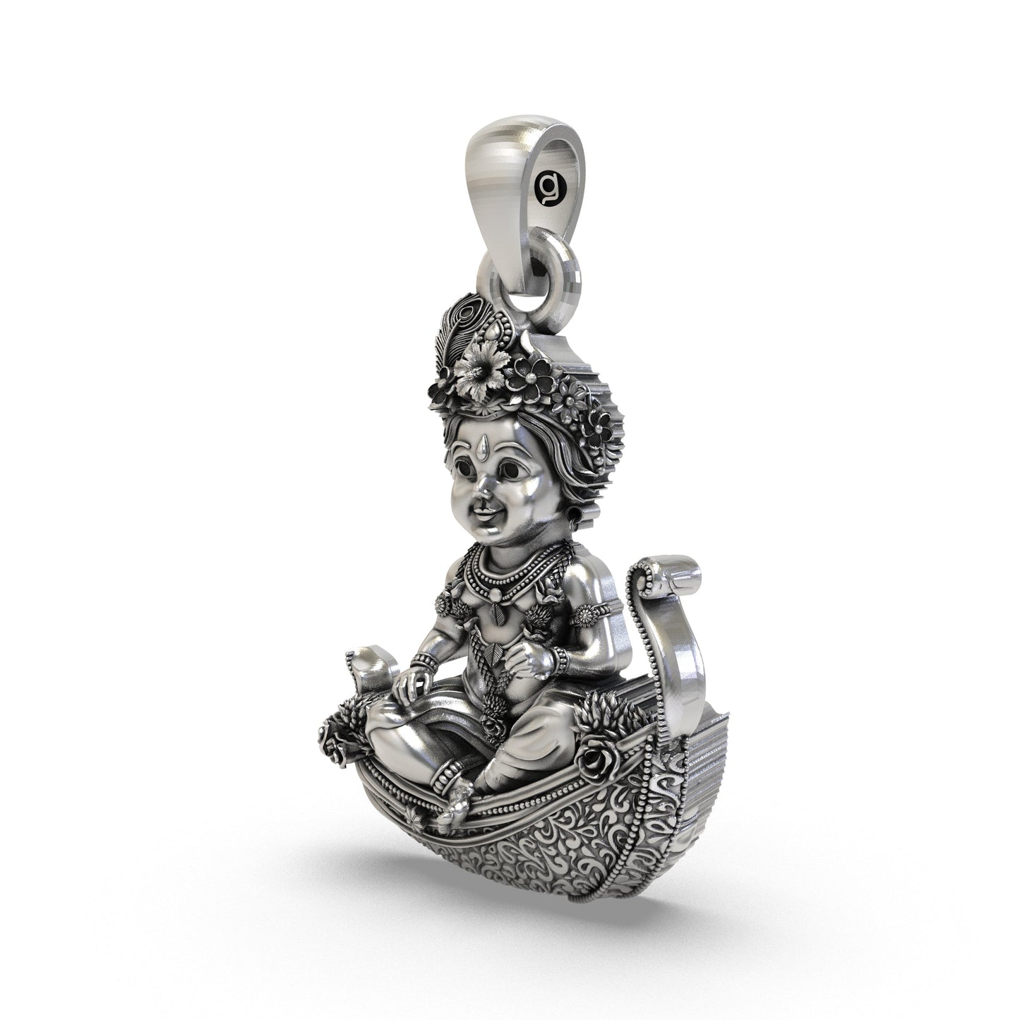 925 Silver Bal Krishna (Laddu Gopal) Pendant – Baby Krishna on Peepal Leaf with Peacock Feather Crown, Antique-Oxidized Handcrafted Devotional Jewelry