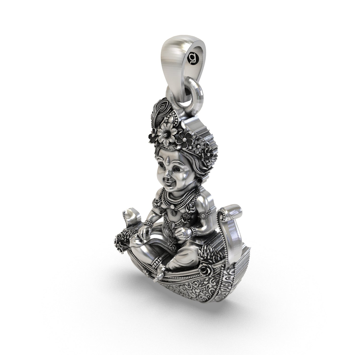 925 Silver Bal Krishna (Laddu Gopal) Pendant – Baby Krishna on Peepal Leaf with Peacock Feather Crown, Antique-Oxidized Handcrafted Devotional Jewelry