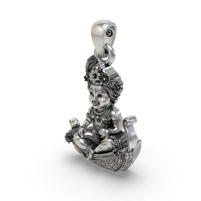 925 Silver Bal Krishna (Laddu Gopal) Pendant – Baby Krishna on Peepal Leaf with Peacock Feather Crown, Antique-Oxidized Handcrafted Devotional Jewelry