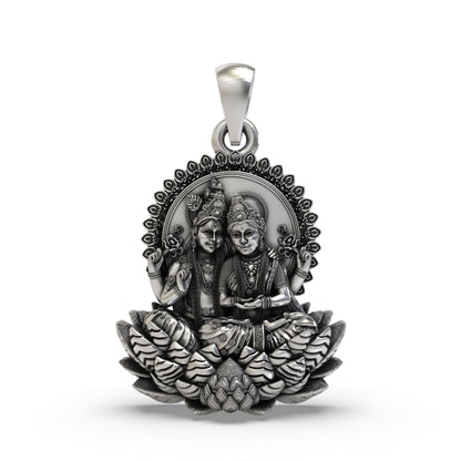 Lakshmi Narayan 925 Silver Pendant | Divine Couple on Lotus | Unisex Spiritual Jewellery | Hallmarked | Gift