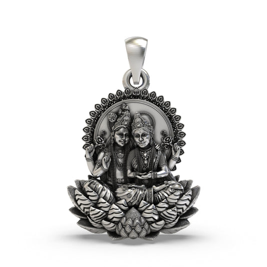 Lakshmi Narayan 925 Silver Pendant | Divine Couple on Lotus | Unisex Spiritual Jewellery | Hallmarked | Gift