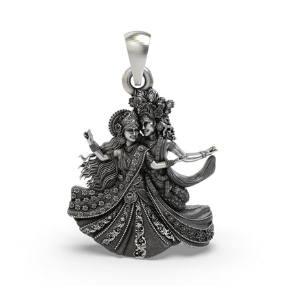 925 Sterling Silver Radha Krishna Raas Leela Dancing Pendant – Handcrafted Vrindavan Idol Necklace, Devotional Hindu Jewelry Gift for Men & Women