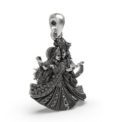 925 Sterling Silver Radha Krishna Raas Leela Dancing Pendant – Handcrafted Vrindavan Idol Necklace, Devotional Hindu Jewelry Gift for Men & Women
