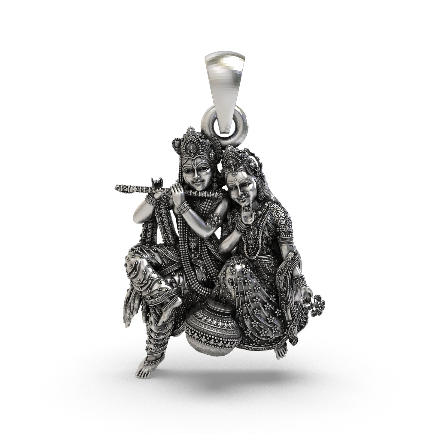 925 Sterling Silver Radha Krishna Matki Sitting Pendant – Flute-Playing Vrindavan Couple Idol Necklace, Handcrafted Devotional Hindu Jewelry Gift for Men & Women