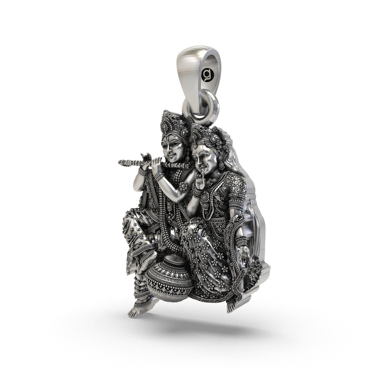 925 Sterling Silver Radha Krishna Matki Sitting Pendant – Flute-Playing Vrindavan Couple Idol Necklace, Handcrafted Devotional Hindu Jewelry Gift for Men & Women