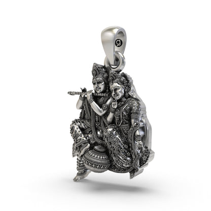 925 Sterling Silver Radha Krishna Matki Sitting Pendant – Flute-Playing Vrindavan Couple Idol Necklace, Handcrafted Devotional Hindu Jewelry Gift for Men & Women