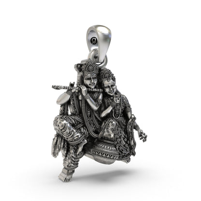 925 Sterling Silver Radha Krishna Matki Sitting Pendant – Flute-Playing Vrindavan Couple Idol Necklace, Handcrafted Devotional Hindu Jewelry Gift for Men & Women