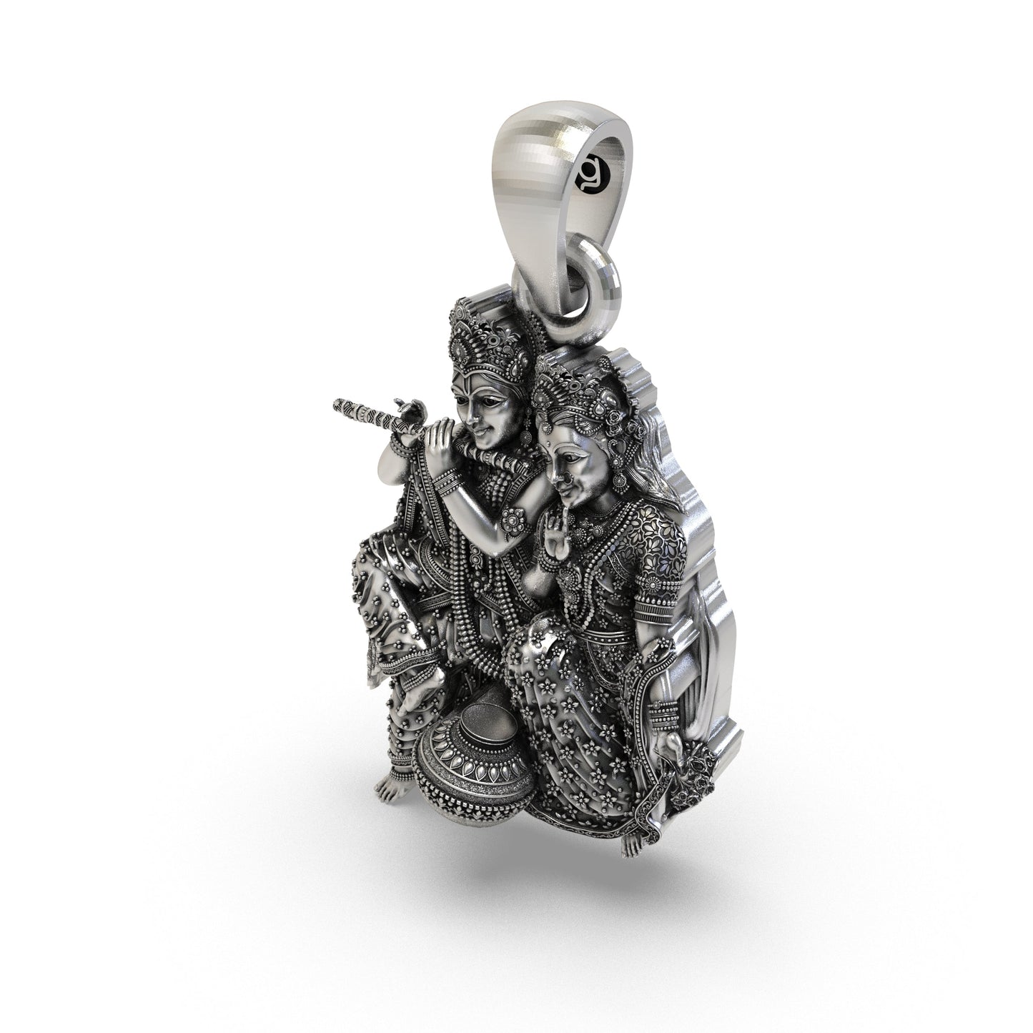 925 Sterling Silver Radha Krishna Matki Sitting Pendant – Flute-Playing Vrindavan Couple Idol Necklace, Handcrafted Devotional Hindu Jewelry Gift for Men & Women