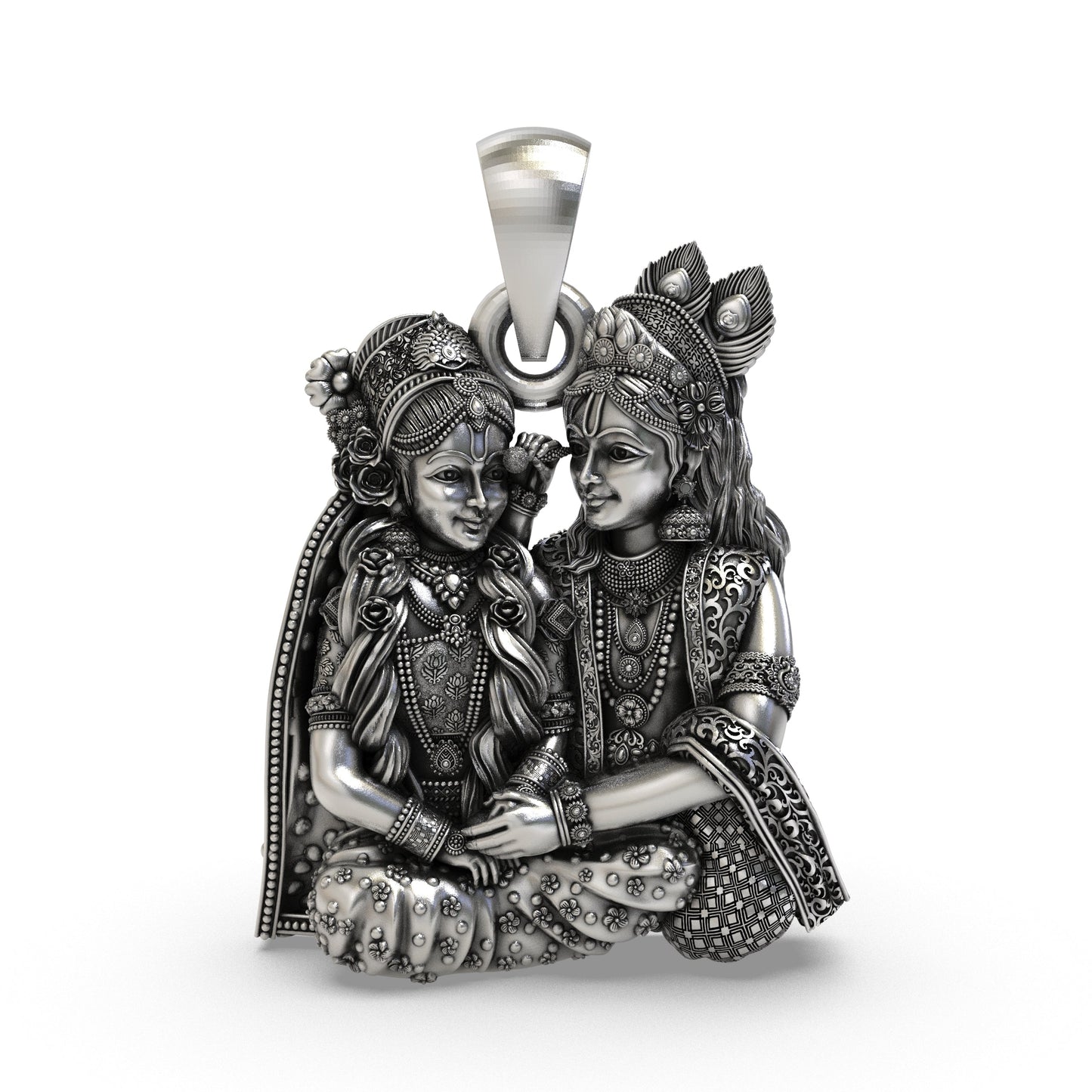 925 Sterling Silver Radha Krishna Seated Love Pendant – Handcrafted Vrindavan Idol Necklace, Devotional Hindu Jewelry Gift for Men & Women