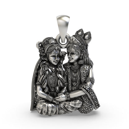 925 Sterling Silver Radha Krishna Seated Love Pendant – Handcrafted Vrindavan Idol Necklace, Devotional Hindu Jewelry Gift for Men & Women