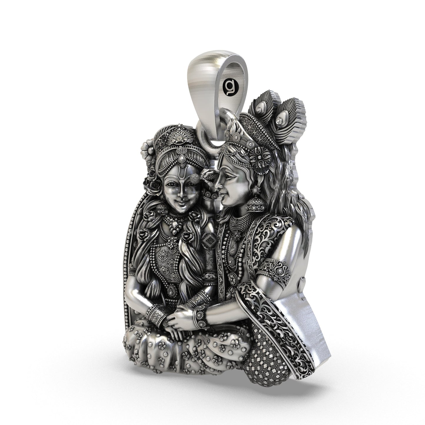 925 Sterling Silver Radha Krishna Seated Love Pendant – Handcrafted Vrindavan Idol Necklace, Devotional Hindu Jewelry Gift for Men & Women