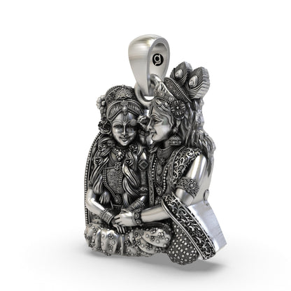 925 Sterling Silver Radha Krishna Seated Love Pendant – Handcrafted Vrindavan Idol Necklace, Devotional Hindu Jewelry Gift for Men & Women