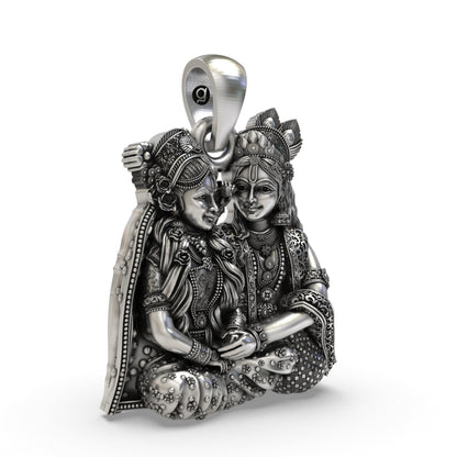 925 Sterling Silver Radha Krishna Seated Love Pendant – Handcrafted Vrindavan Idol Necklace, Devotional Hindu Jewelry Gift for Men & Women