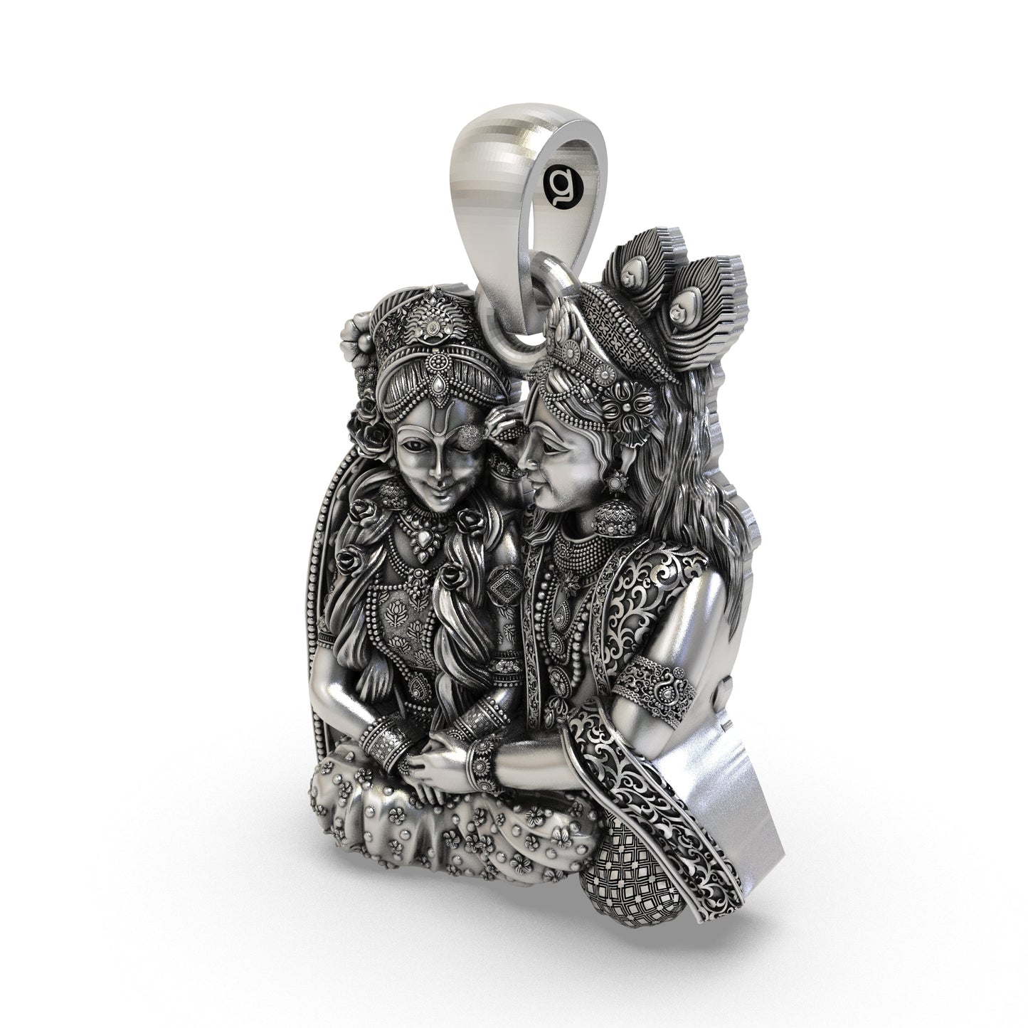 925 Sterling Silver Radha Krishna Seated Love Pendant – Handcrafted Vrindavan Idol Necklace, Devotional Hindu Jewelry Gift for Men & Women