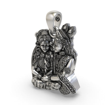 925 Sterling Silver Radha Krishna Seated Love Pendant – Handcrafted Vrindavan Idol Necklace, Devotional Hindu Jewelry Gift for Men & Women