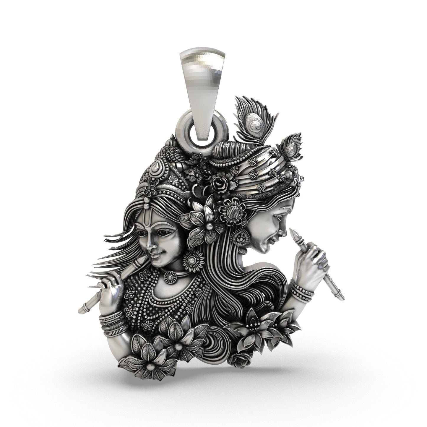 925 Sterling Silver Radha Krishna Dual-Profile Flute Pendant – Vrindavan Floral & Peacock Feather Idol Necklace, Handcrafted Devotional Gift
