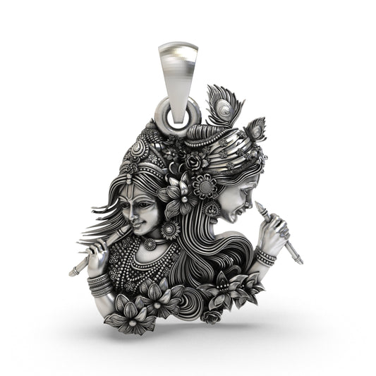 925 Sterling Silver Radha Krishna Dual-Profile Flute Pendant – Vrindavan Floral & Peacock Feather Idol Necklace, Handcrafted Devotional Gift