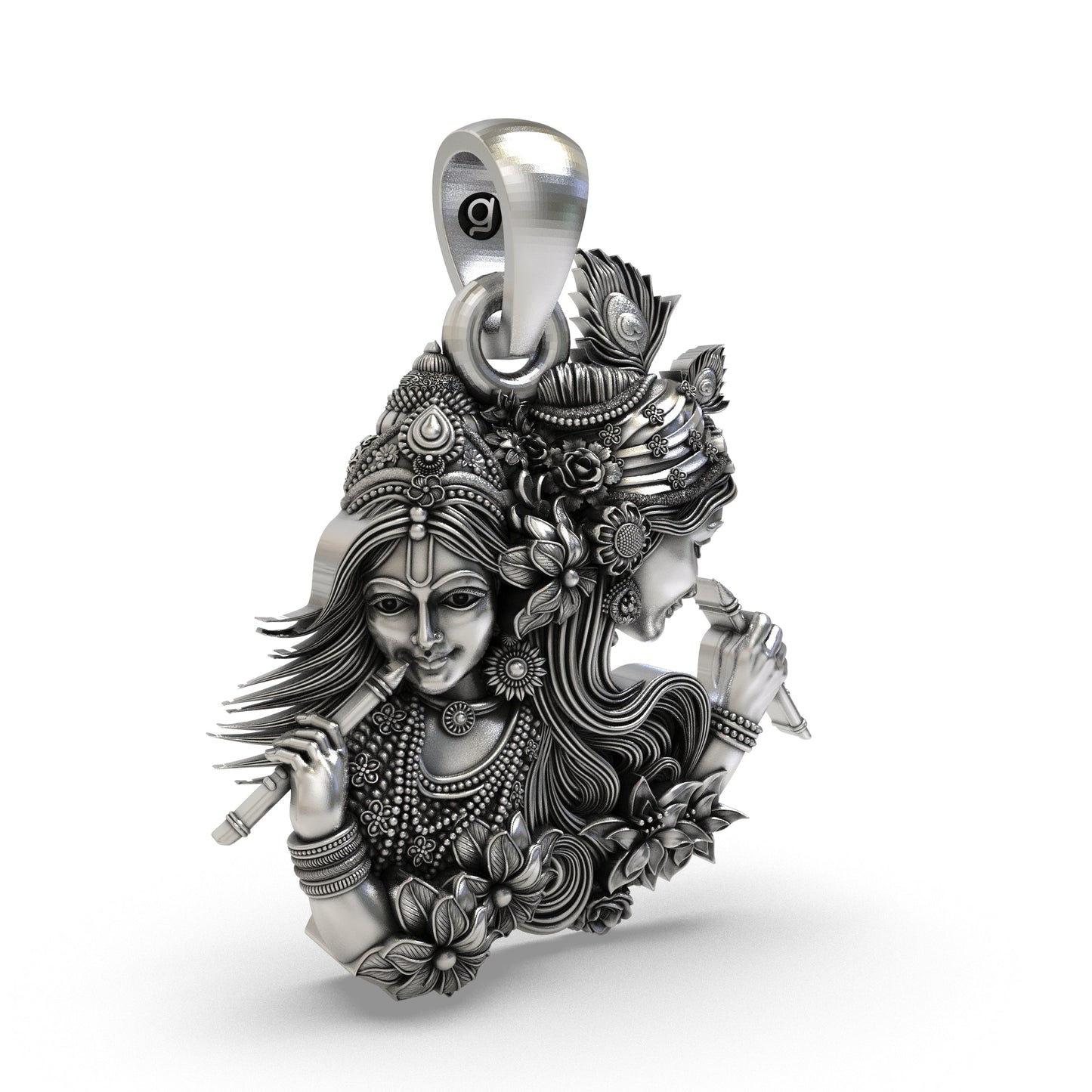 925 Sterling Silver Radha Krishna Dual-Profile Flute Pendant – Vrindavan Floral & Peacock Feather Idol Necklace, Handcrafted Devotional Gift