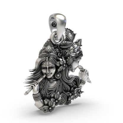 925 Sterling Silver Radha Krishna Dual-Profile Flute Pendant – Vrindavan Floral & Peacock Feather Idol Necklace, Handcrafted Devotional Gift