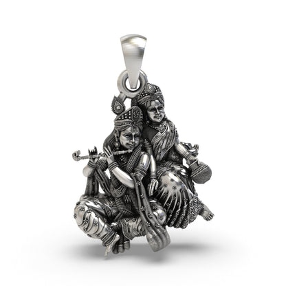 925 Sterling Silver Radha Krishna Makhan Matki Sitting Pendant – Flute-Playing Vrindavan Idol Necklace, Handcrafted Devotional Hindu Gift