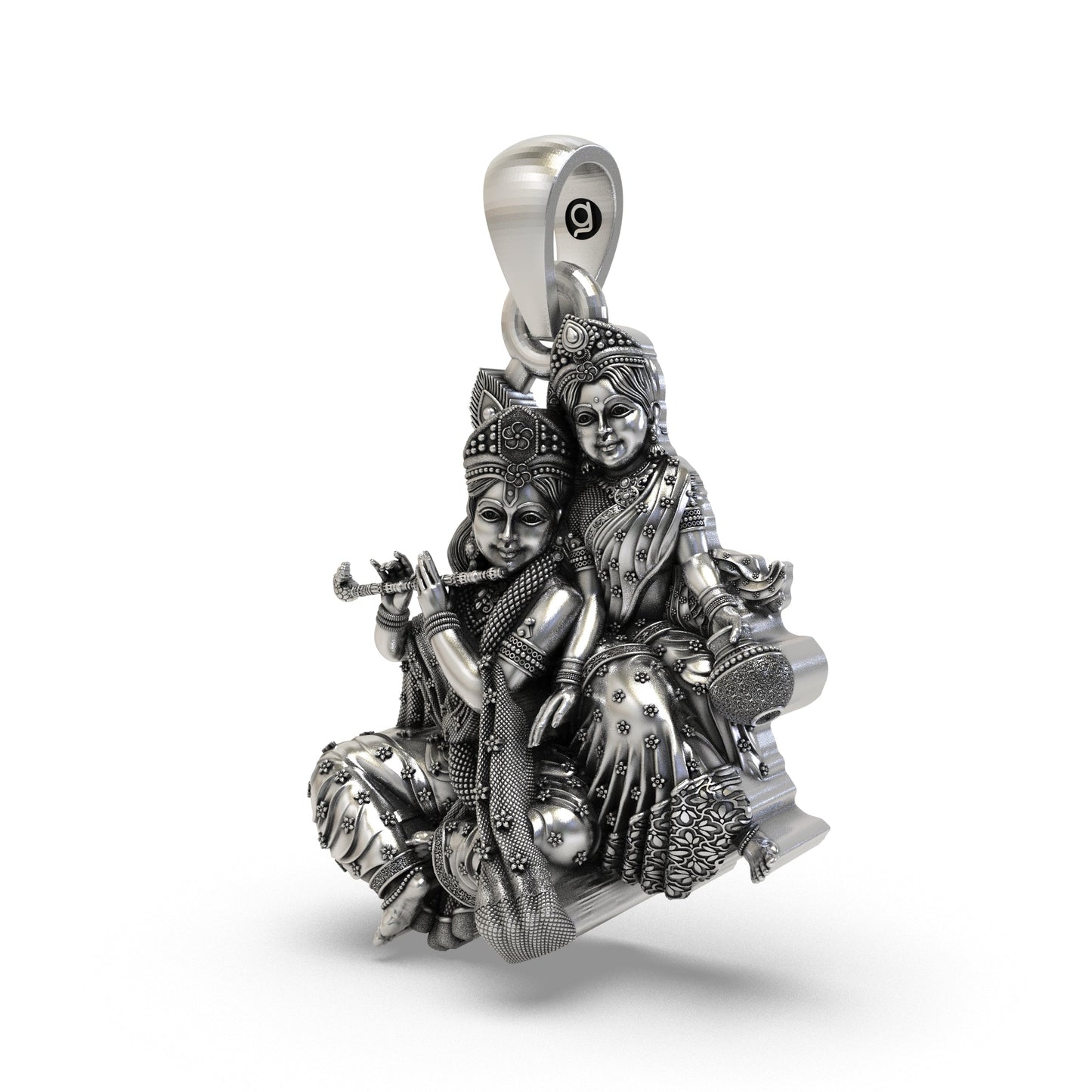 925 Sterling Silver Radha Krishna Makhan Matki Sitting Pendant – Flute-Playing Vrindavan Idol Necklace, Handcrafted Devotional Hindu Gift