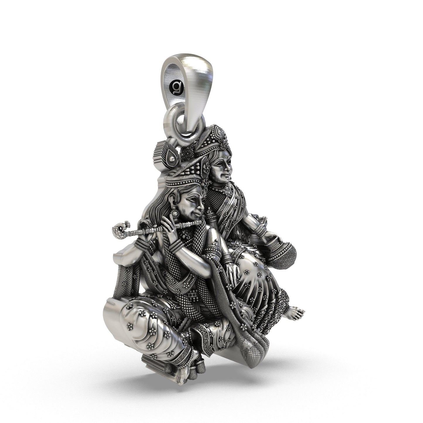 925 Sterling Silver Radha Krishna Makhan Matki Sitting Pendant – Flute-Playing Vrindavan Idol Necklace, Handcrafted Devotional Hindu Gift