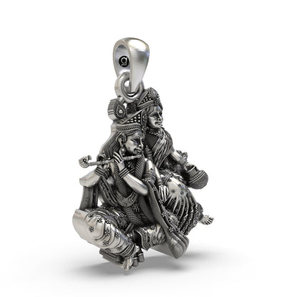 925 Sterling Silver Radha Krishna Makhan Matki Sitting Pendant – Flute-Playing Vrindavan Idol Necklace, Handcrafted Devotional Hindu Gift
