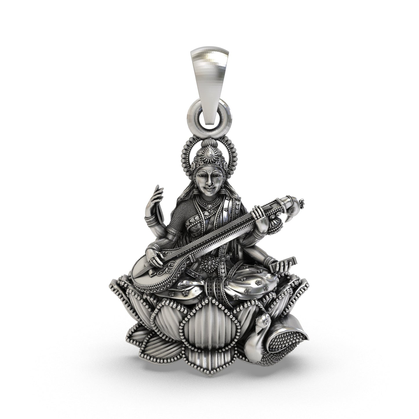 925 Sterling Silver Goddess Saraswati Pendant – Veena on Lotus with Swan Idol Necklace, Handcrafted Devotional Hindu Jewelry Gift