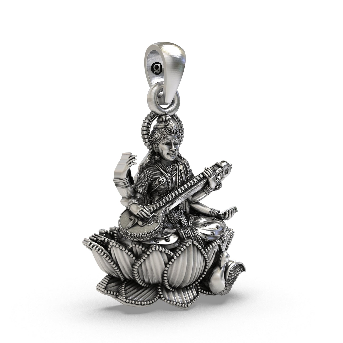 925 Sterling Silver Goddess Saraswati Pendant – Veena on Lotus with Swan Idol Necklace, Handcrafted Devotional Hindu Jewelry Gift