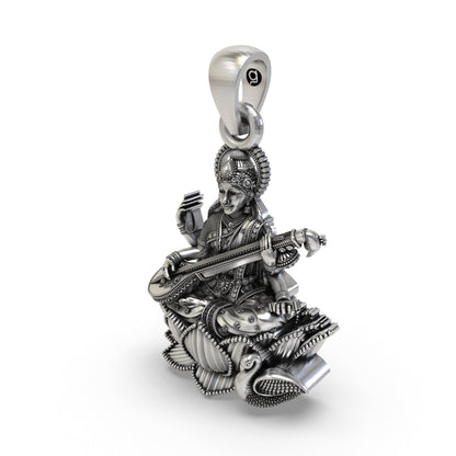 925 Sterling Silver Goddess Saraswati Pendant – Veena on Lotus with Swan Idol Necklace, Handcrafted Devotional Hindu Jewelry Gift