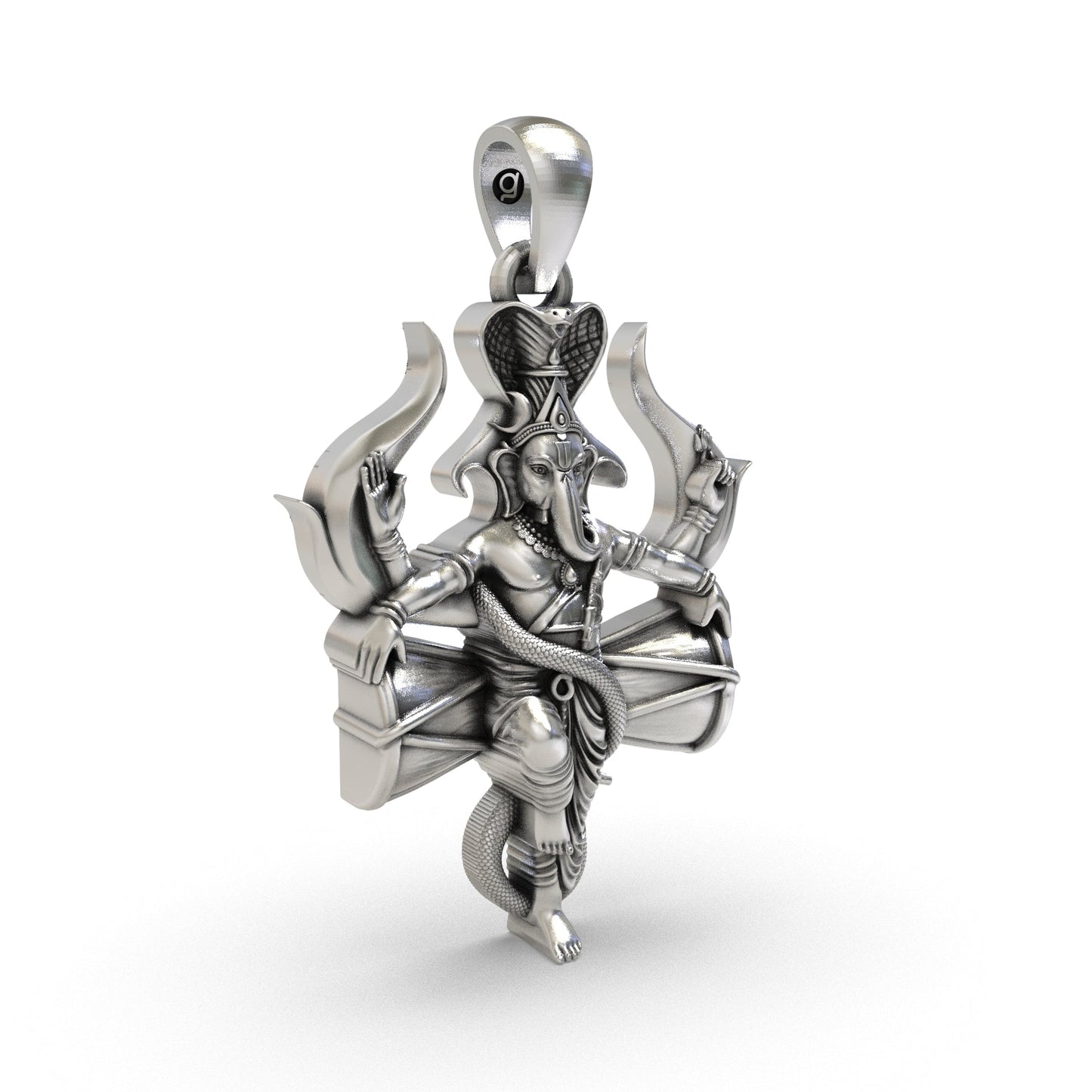 Handcrafted 925 silver Ganesh pendant with serpent detailing and raised blessing hand