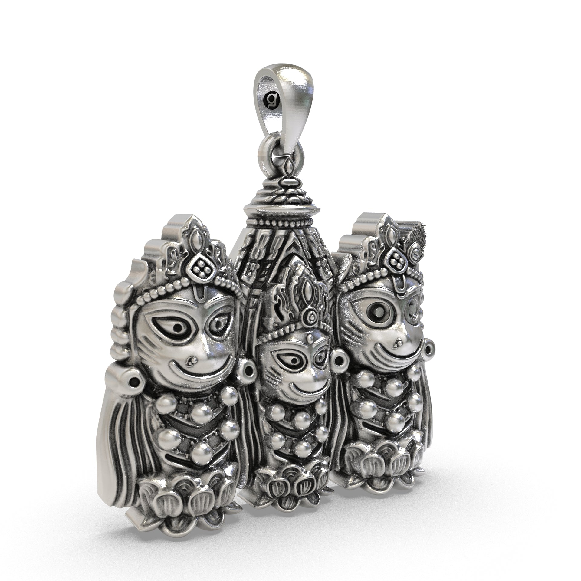 Handcrafted 925 sterling silver Jagannath Trinity pendant with lotus base detailing