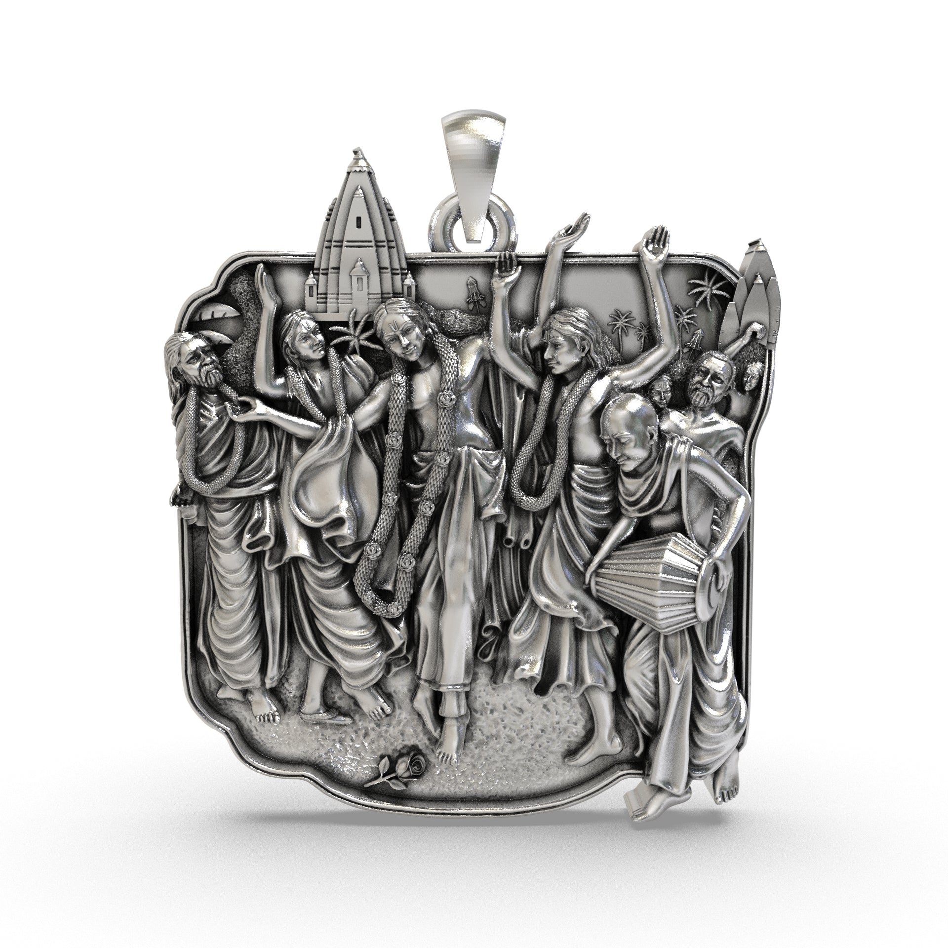 925 silver Chaitanya Mahaprabhu Harinam Sankirtan pendant with antique oxidized finish