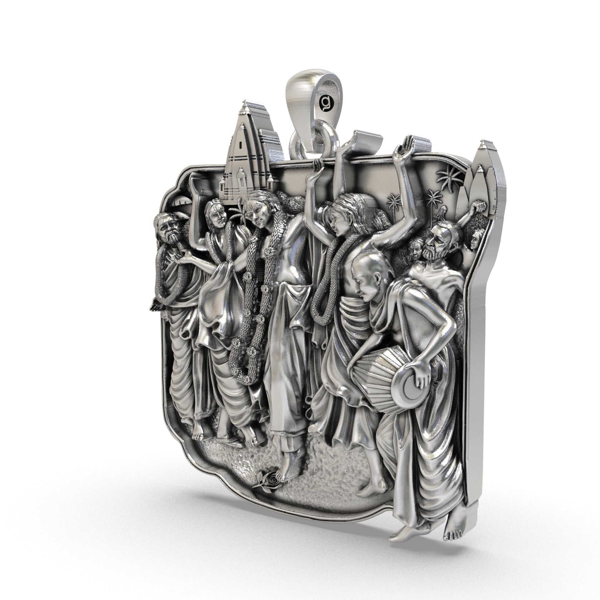 Shri Chaitanya Mahaprabhu and devotees performing kirtan on a sterling silver pendant