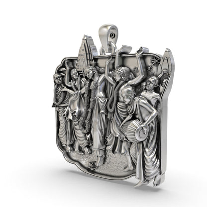 Shri Chaitanya Mahaprabhu and devotees performing kirtan on a sterling silver pendant