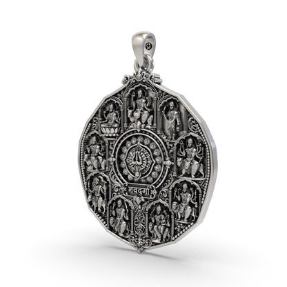 Antique oxidized Nav Durga silver locket with nine goddesses in temple-style frames