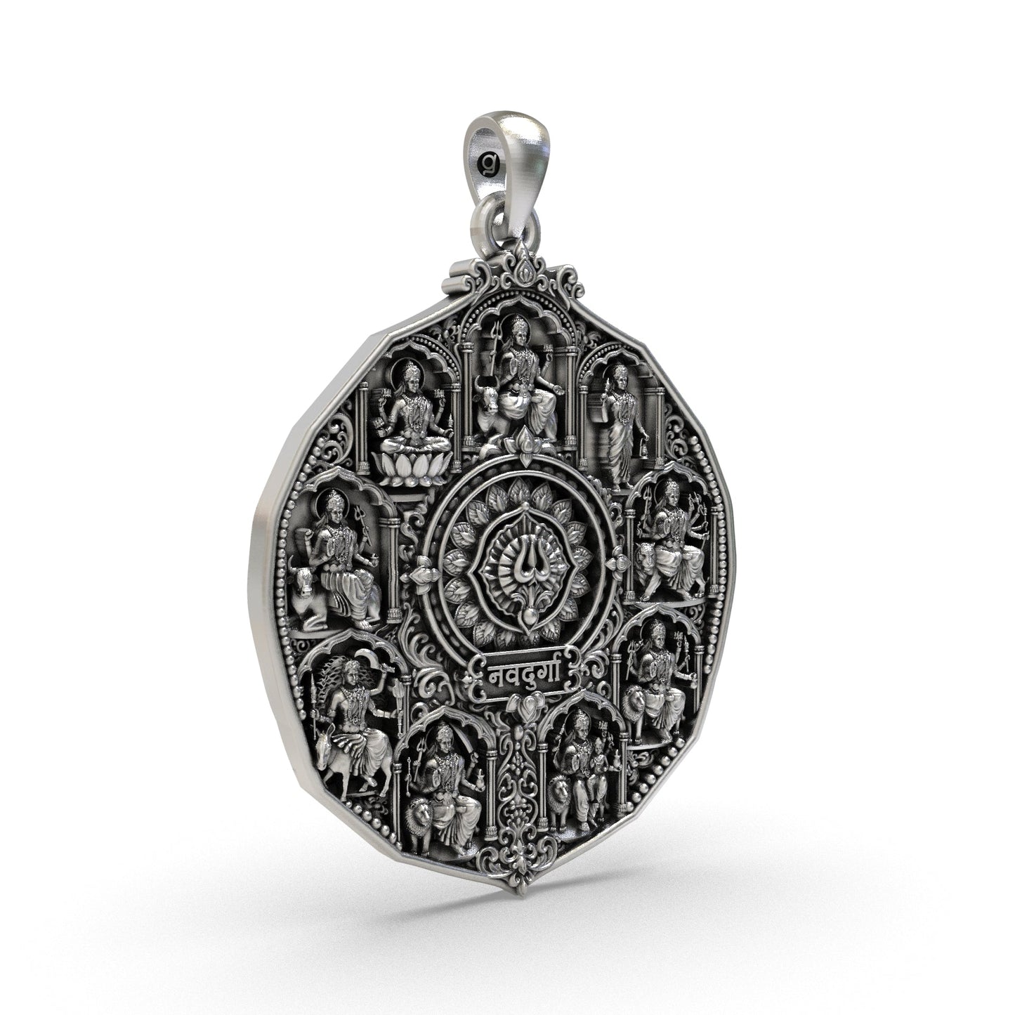 Handcrafted 925 sterling silver Maa Durga pendant with Trishul and detailed vahanas