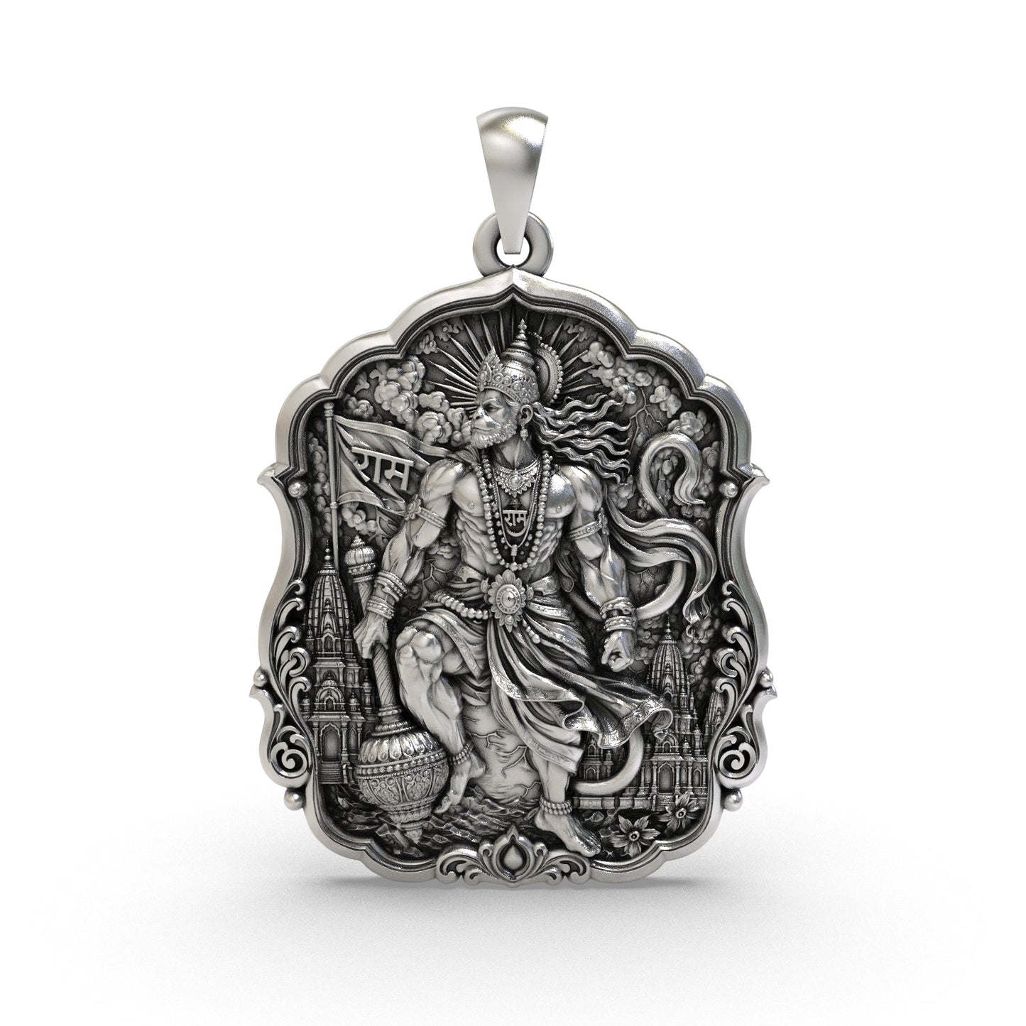 925 silver Veer Hanuman pendant featuring Shri Ram Dhwaja, Gada and antique oxidized finish
