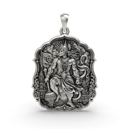 925 silver Veer Hanuman pendant featuring Shri Ram Dhwaja, Gada and antique oxidized finish