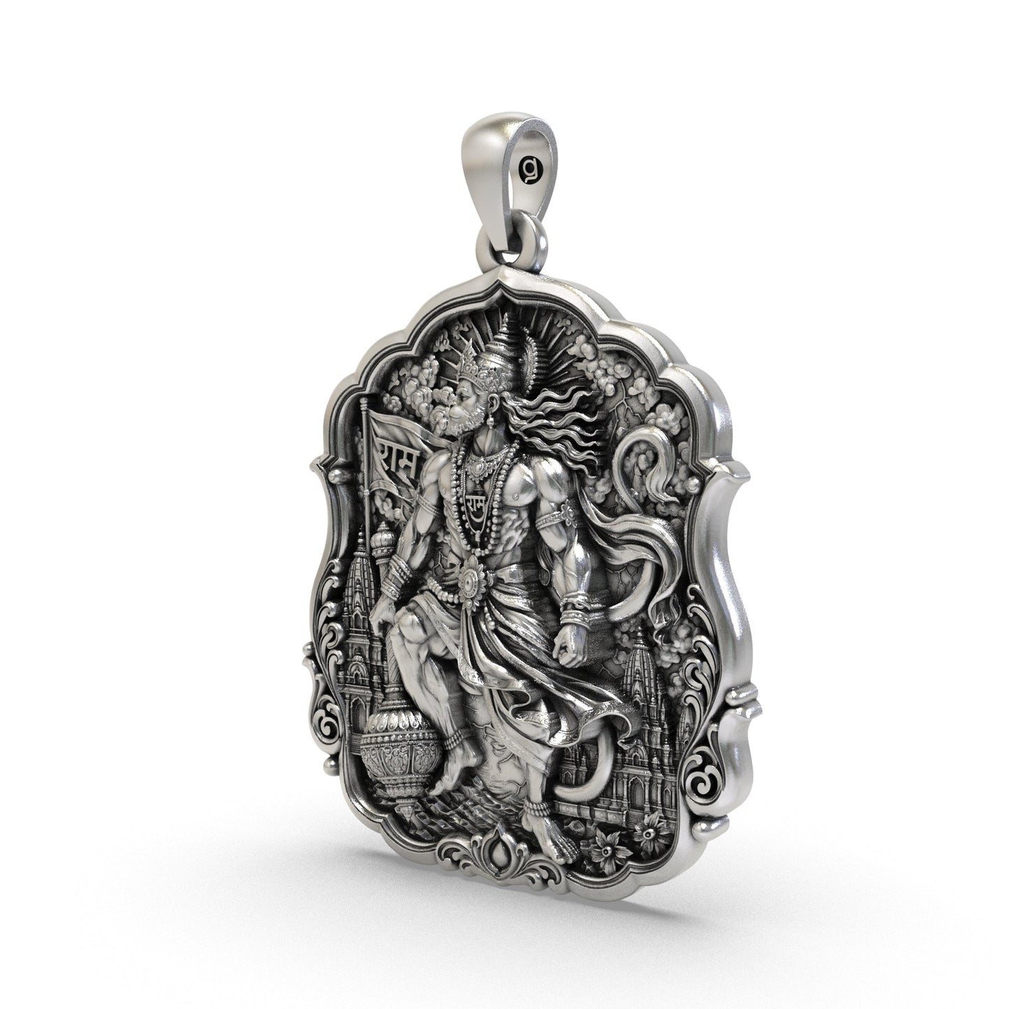 Bajrangbali silver locket holding a Ram flag with detailed temple architecture in the background