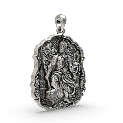 Handcrafted sterling silver Hanuman Ji necklace pendant with Ram Naam and sacred Gada