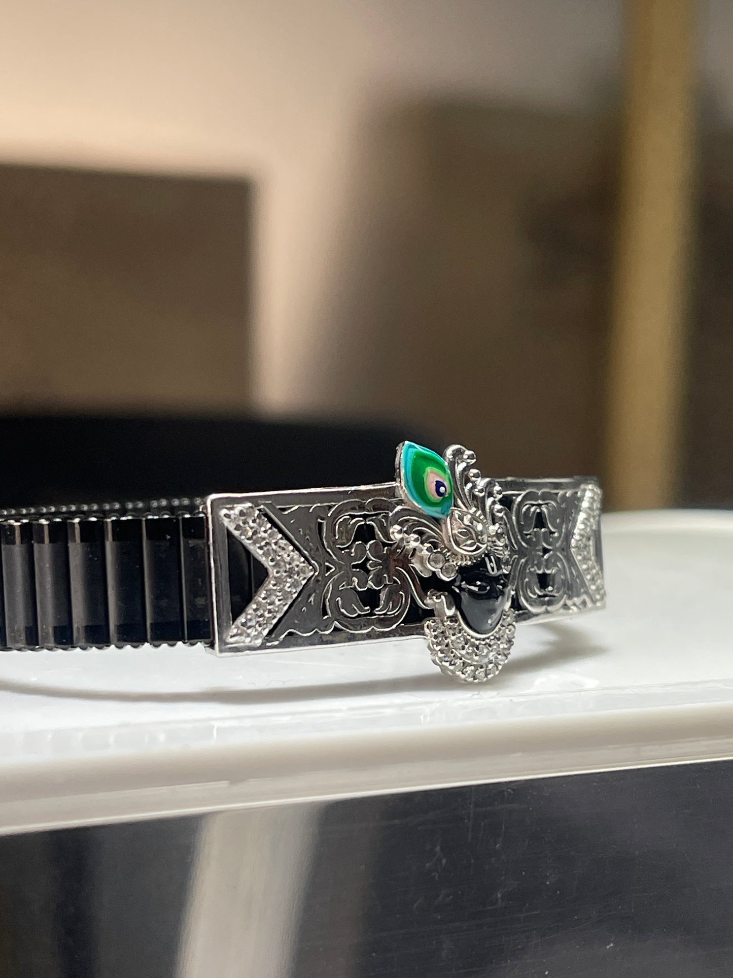 Divine Shrinathji Bracelet in 925 Silver | Handcrafted Meena Enamel Work | Spiritual Stainless Steel Kada for Men