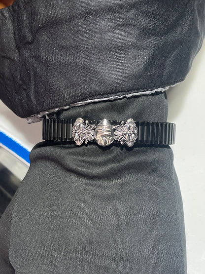 Murugan Vel Bracelet for Men | Lord Kartikeya Kada | Spiritual Silver Plated Kada with Black Strap | Hindu Religious Jewelry