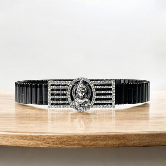 925 Silver Ram Lalla Bracelet | Divine Child Lord Ram Motif with Iced Border | Black Stainless-Steel Link Strap | Spiritual Unisex Kada