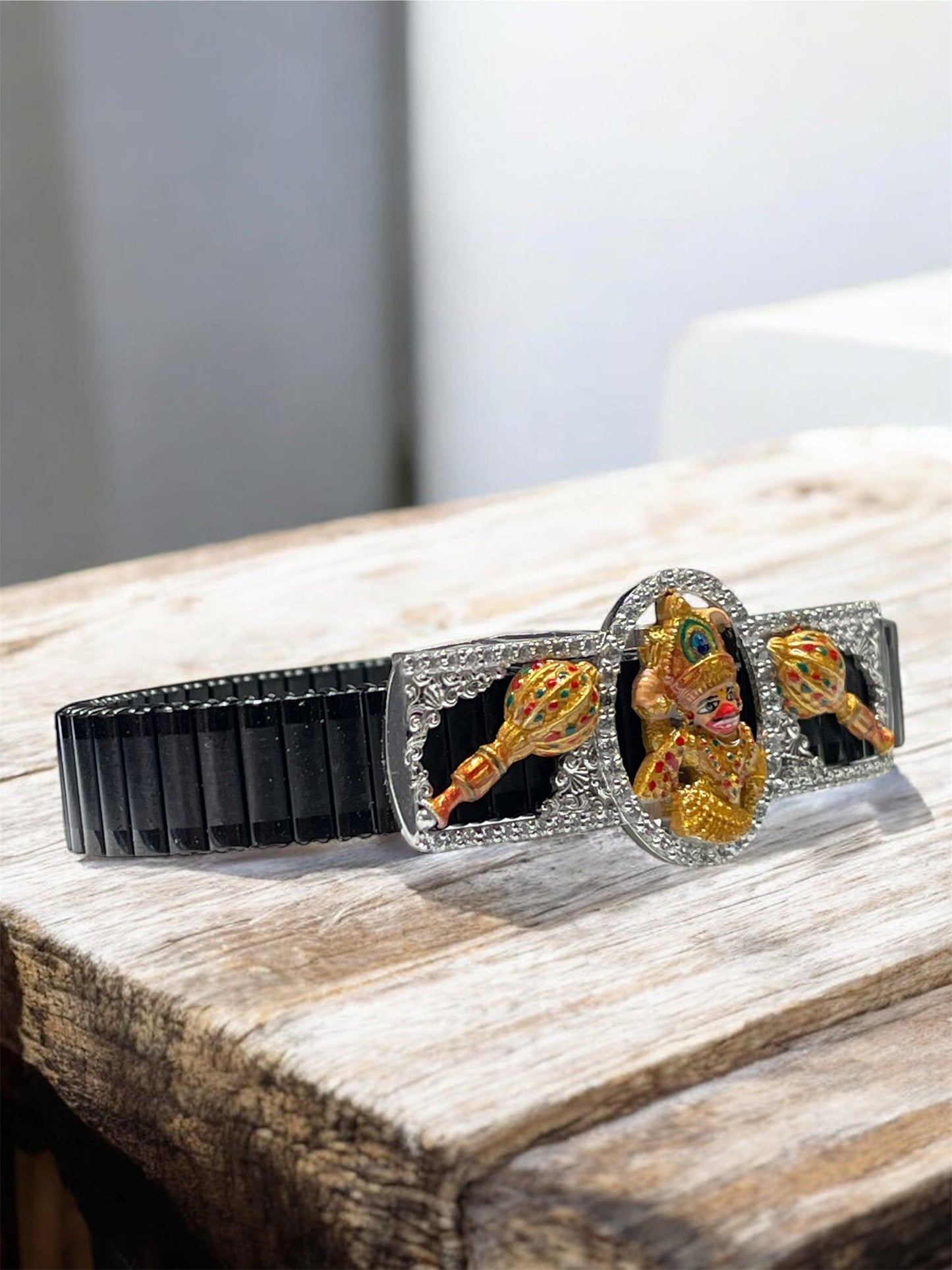 925 Silver Kashtbhanjandev Salangpur Hanumanji Bracelet | Enamel Hanuman Motif with Dual Gada & Iced Border