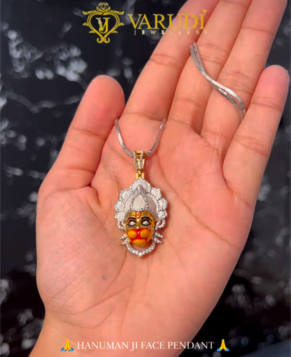 925 Silver Hanumanji Face Pendant with Diamonds & Meena Work | Bajrangbali Mahaveer Hindu God Jewelry | Spiritual Religious Gift for Men & Women