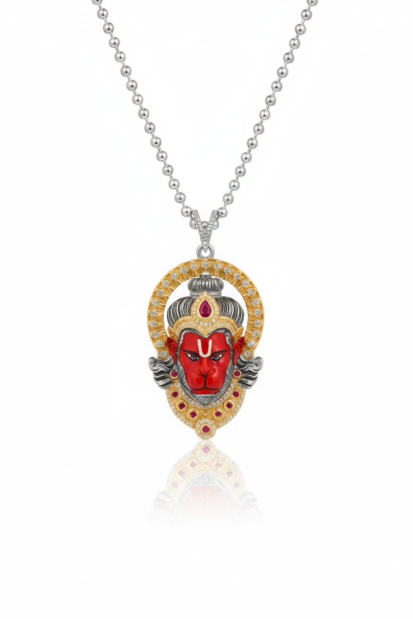 925 Silver Hanumanji Face Pendant with Diamonds & Meena Work | Bajrangbali Mahaveer Hindu God Jewelry | Spiritual Religious Gift for Men & Women only pendant