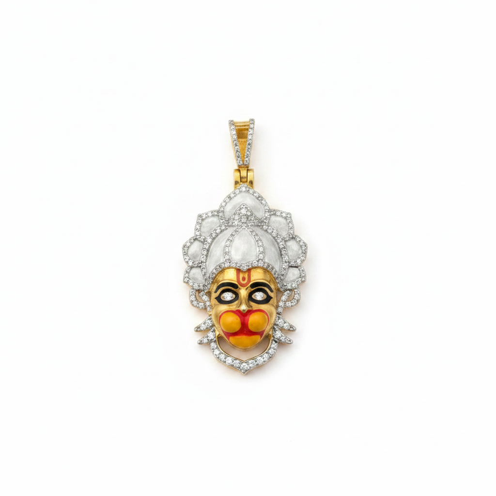 925 Silver Hanumanji Face Pendant with Diamonds & Meena Work | Bajrangbali Mahaveer Hindu God Jewelry | Spiritual Religious Gift for Men & Women