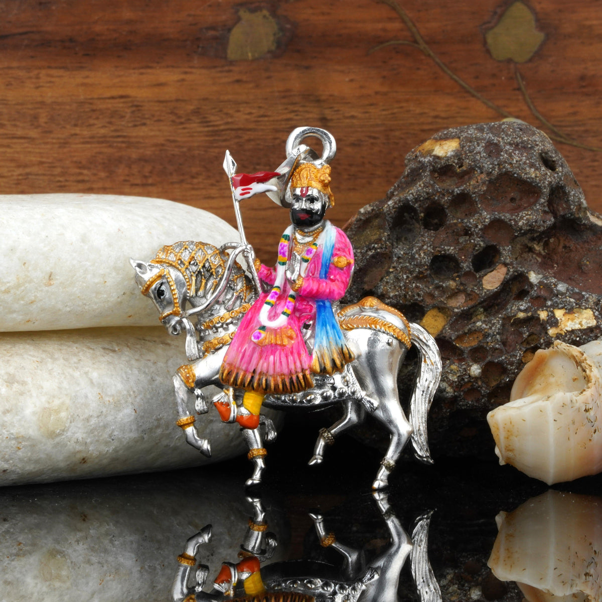 925 Silver Ramdevpir Pendant with Intricate Meena Work Detailing – Spiritual Jewelry for Devotees